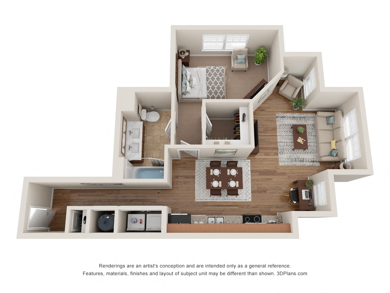 Floor plan for 1 bed, 1 bath, 765 sqft